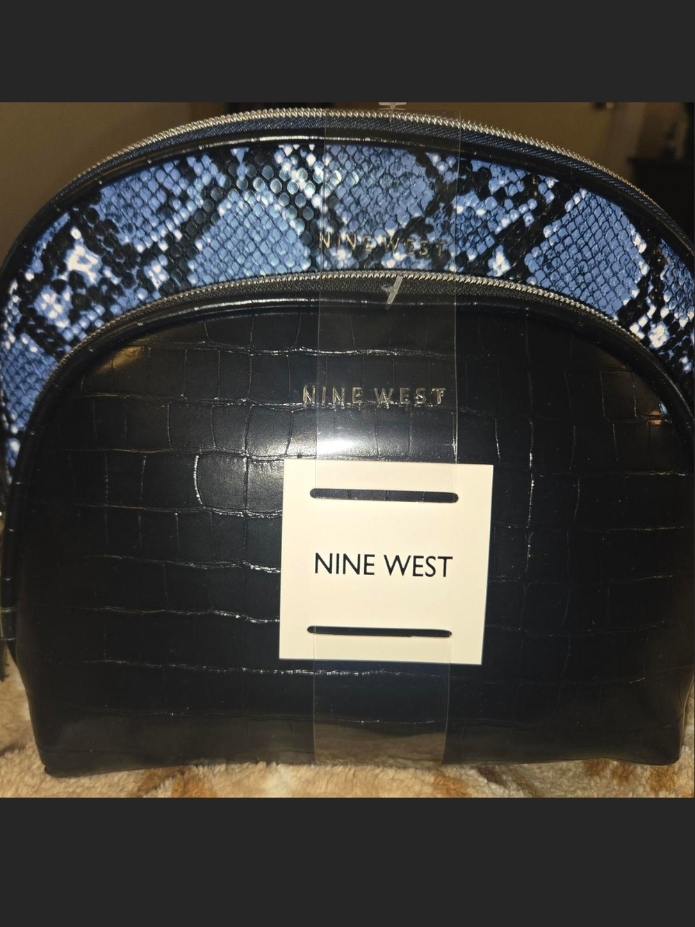 Nine West Black Croc-Embossed Cosmetic Case with Blue Snake-Print Accent